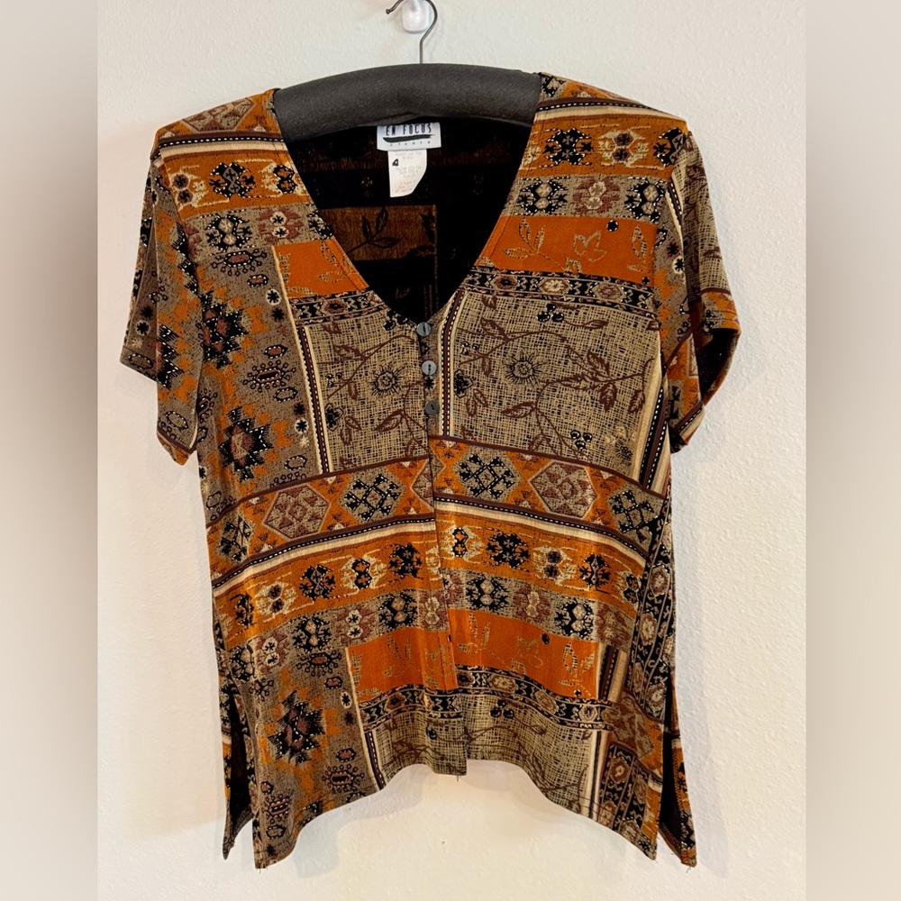 Enfocus Studio Brown, Rust and Black Boho Patchwork Top Size 14